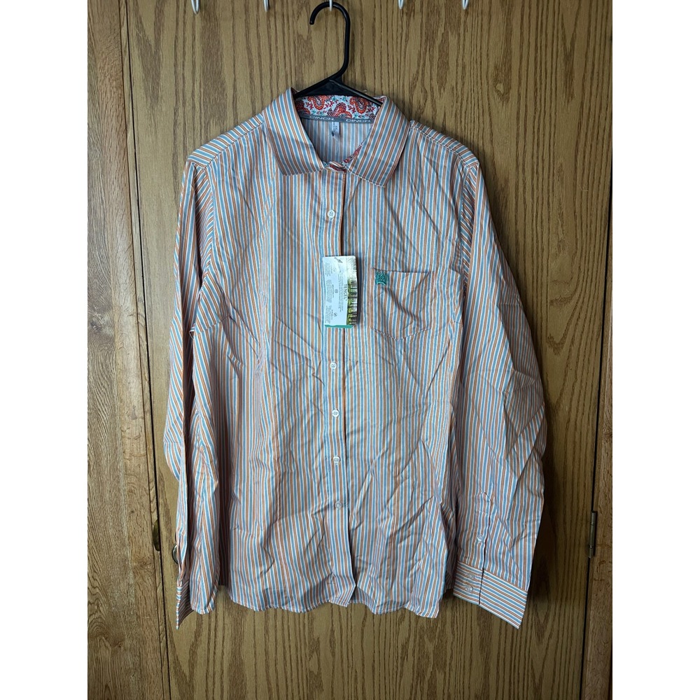 Cinch Womens XXL Orange Teal Striped Tencel Western Button Down Shirt NWT